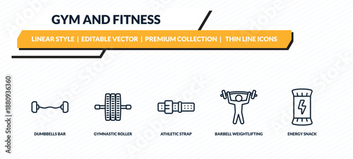 gym and fitness icons set - dumbbells bar, gymnastic roller, athletic strap, barbell weightlifting, energy snack outline vector collection.