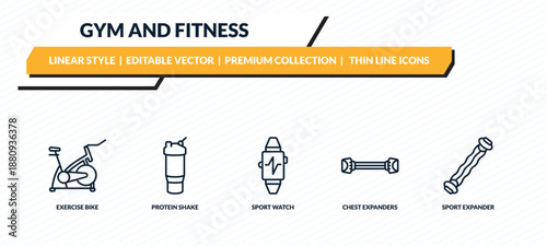 gym and fitness icons set - exercise bike, protein shake, sport watch, chest expanders, sport expander outline vector collection.