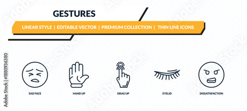 gestures icons set - sad face, hand up, drag up, eyelid, dissatisfaction outline vector collection.