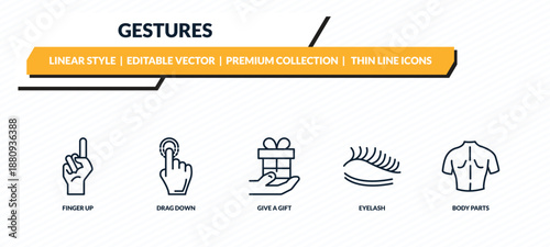 gestures icons set - finger up, drag down, give a gift, eyelash, body parts outline vector collection.