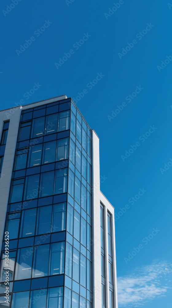 Obraz premium Modern Glass Building with Vertically Rising Structure Against Clear Blue Sky
