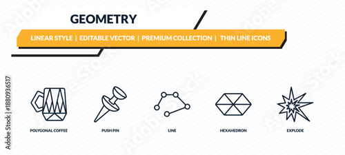 geometry icons set - polygonal coffee cup, push pin, line, hexahedron, explode outline vector collection.