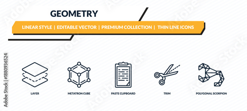 geometry icons set - layer, metatron cube, paste clipboard, trim, polygonal scorpion outline vector collection.