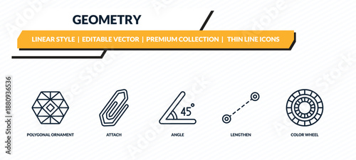 geometry icons set - polygonal ornament, attach, angle, lengthen, color wheel outline vector collection.