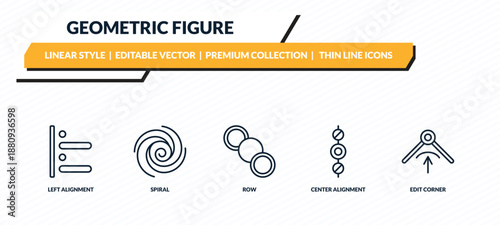 geometric figure icons set - left alignment, spiral, row, center alignment, edit corner outline vector collection.