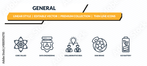 general icons set - core values, data engineering, collaborative idea, disk brake, eco battery outline vector collection.