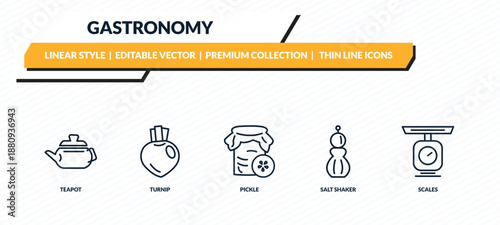 gastronomy icons set - teapot, turnip, pickle, salt shaker, scales outline vector collection.