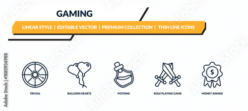 Fotografi gaming icons set - trivial, balloon hearts, potions, role playing game, money award outline vector collection