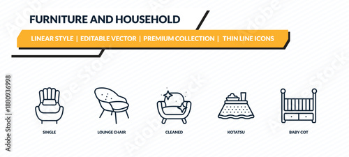 furniture and household icons set - single, lounge chair, cleaned, kotatsu, baby cot outline vector collection.