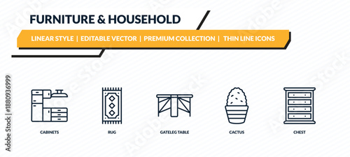 furniture & household icons set - cabinets, rug, gateleg table, cactus, chest outline vector collection.