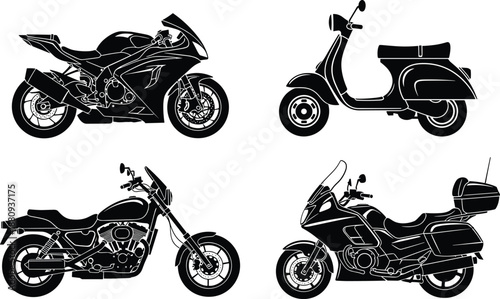 Motorcycle silhouette set, sport bike scooter cruiser touring motorbike icons, black vehicle vector illustration collection, isolated on white