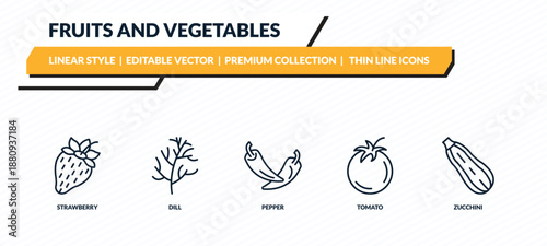 fruits and vegetables icons set - strawberry, dill, pepper, tomato, zucchini outline vector collection.