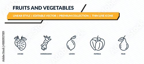 fruits and vegetables icons set - lychee, horseradish, lemon, paprika, pear outline vector collection.