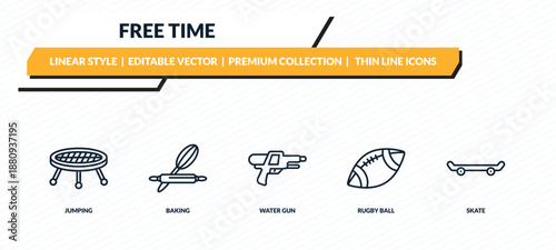 free time icons set - jumping, baking, water gun, rugby ball, skate outline vector collection.