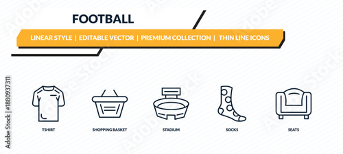football icons set - tshirt, shopping basket, stadium, socks, seats outline vector collection.