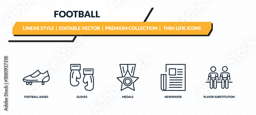 football icons set - football shoes, gloves, medals, newspaper, player substitution outline vector collection.