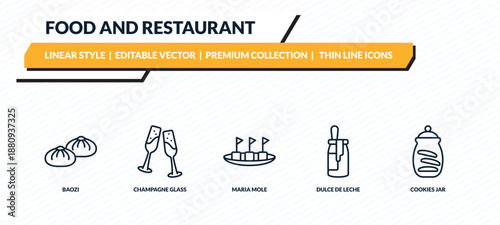 food and restaurant icons set - baozi, champagne glass, maria mole, dulce de leche, cookies jar outline vector collection.