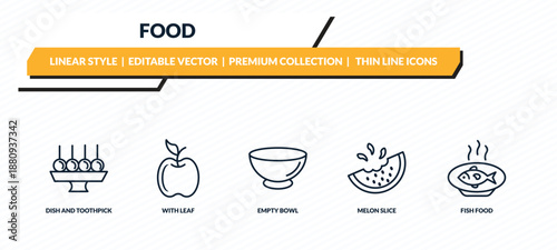 food icons set - dish and toothpick, with leaf, empty bowl, melon slice, fish food outline vector collection.