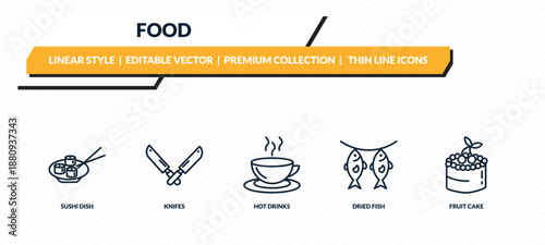 food icons set - sushi dish, knifes, hot drinks, dried fish, fruit cake outline vector collection.