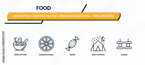 food icons set - bowl of food, buddhism wheel, toffee, night camping, canape outline vector collection.