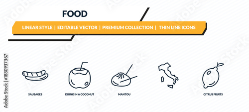 food icons set - sausages, drink in a coconut, mantou, , citrus fruits outline vector collection.