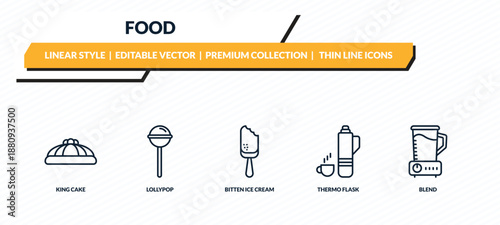 food icons set - king cake, lollypop, bitten ice cream, thermo flask, blend outline vector collection.