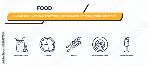 food icons set - fresh smoothie, tea time, kebab, wonton noodles, sparkling wine outline vector collection.