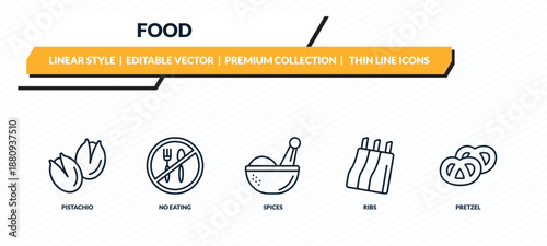 food icons set - pistachio, no eating, spices, ribs, pretzel outline vector collection.
