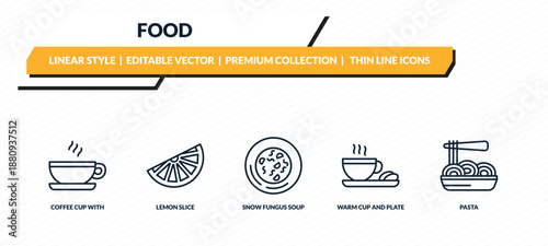 food icons set - coffee cup with steam, lemon slice, snow fungus soup, warm cup and plate, pasta outline vector collection.