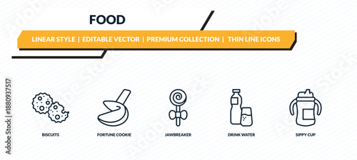 food icons set - biscuits, fortune cookie, jawbreaker, drink water, sippy cup outline vector collection.
