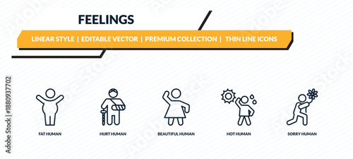 feelings icons set - fat human, hurt human, beautiful human, hot sorry outline vector collection.