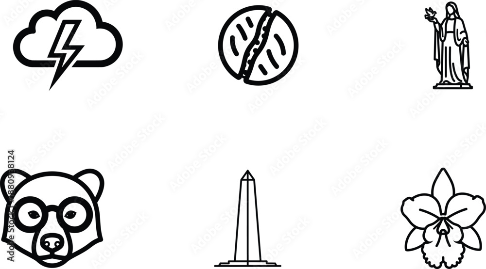 Fototapeta premium black and white line drawing icons of various objects and symbols