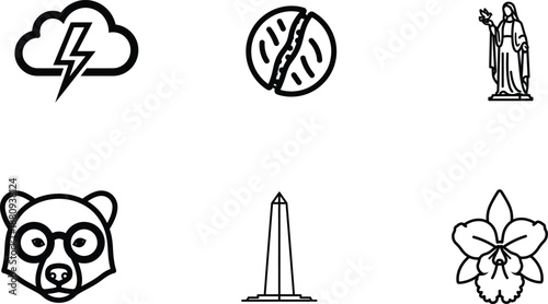 black and white line drawing icons of various objects and symbols