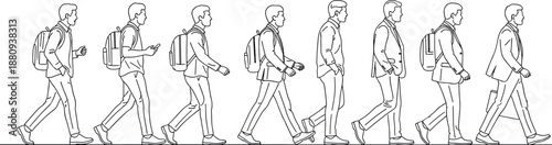 Walking businessman line art sequence, male character with backpack and briefcase, side view people outline, motion poses vector set
