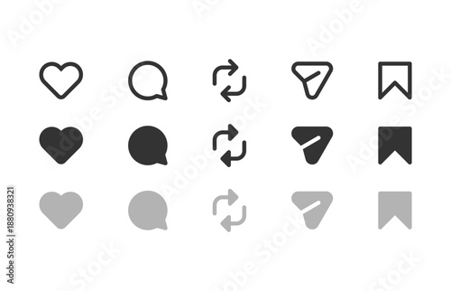 Social media notification icon set. social media interaction icons (like, comment, repost, share, save, icon, symbol) in outline and solid style