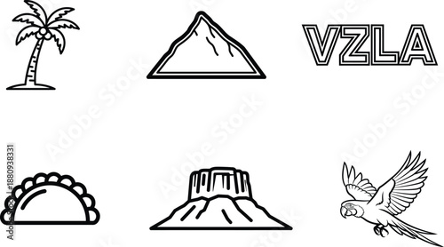 Black and white line drawings of Venezuela icons and landmarks  palm tree mountain bird sombrero and building