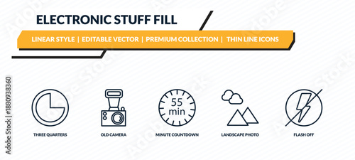 electronic stuff fill icons set - three quarters, old camera, minute countdown, landscape photo, flash off outline vector collection.