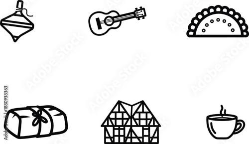 Black line icons of christmas decoration guitar taco gift house coffee