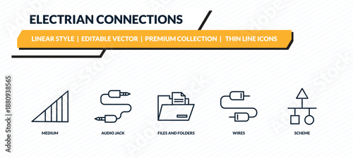 electrian connections icons set - medium, audio jack, files and folders, wires, scheme outline vector collection.