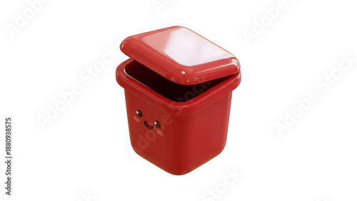 Adorable red container with a cheerful face and open lid, a delightful portable asset for snacks or small item storage, isolated on a clean white background