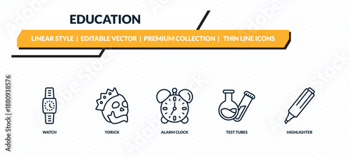 education icons set - watch, yorick, alarm clock, test tubes, highlighter outline vector collection.