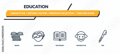 education icons set - books, quasimodo, dictionary, wizard of oz, pen outline vector collection.