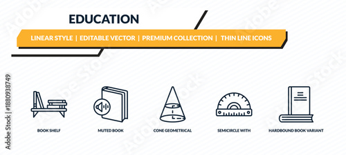 education icons set - book shelf, muted book, cone geometrical, semicircle with ruler, hardbound book variant outline vector collection.
