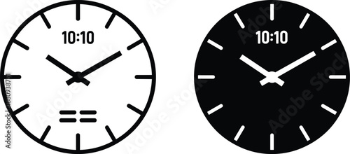 Clock icon set, analog wall clock face vector illustration, black and white time symbol design, minimal modern timer collection