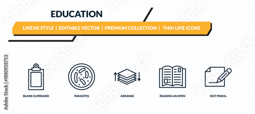 education icons set - blank clipboard, parasites, arrange, reading an open book, edit pencil outline vector collection.