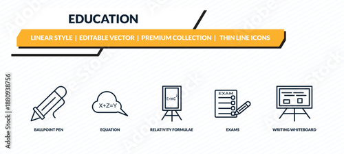 education icons set - ballpoint pen, equation, relativity formulae, exams, writing whiteboard outline vector collection.