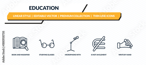 education icons set - book and magnifier, studying glasses, microphone with stand, is not an element of, write by hand outline vector collection.