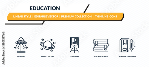 education icons set - swinging, planet saturn, flip chart, stack of books, book with marker outline vector collection.