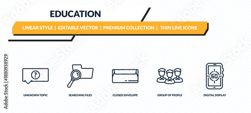 education icons set - unknown topic, searching files, closed envelope, group of people, digital display 60 outline vector collection.