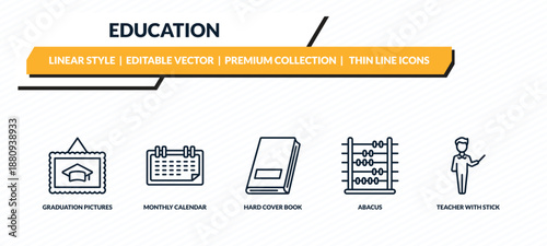 education icons set - graduation pictures, monthly calendar, hard cover book, abacus, teacher with stick outline vector collection.